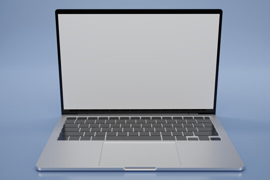 3D render Mock up computer labtop white  screen in blue background. Labtop mock up with space for text. Notebook. copy space. 3D Rendering illustration.