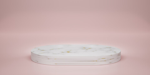 ````White marble with gold texture pedestal or podium on pink background. Oval marble sheet. Blank display for showing product. Copy space. Minimalist mockup for showcase. 3D rendering illustration.