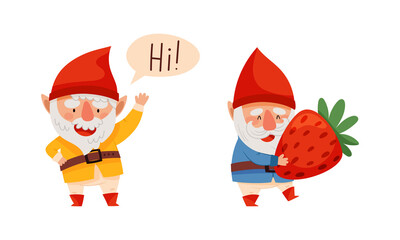 Gnome daily routine activities set. Cute scandinavian gnomes in red caps waving hand in greeting and holding strawberry cartoon vector illustration