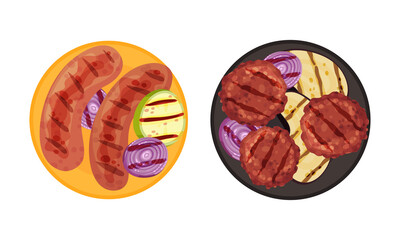 Grilled food set. Sausages and beef steak served on plate with vegetables. Top view of delicious dishes for barbecue party menu vector illustration