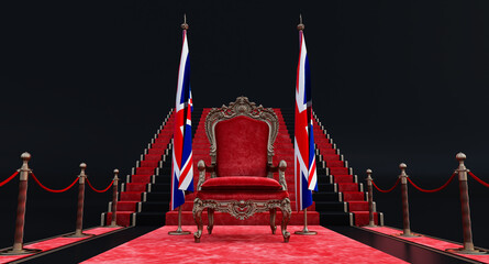 Red royal chair on a red carpet background with barrieres, Red royal chair on a dark background betwin united kingdoom flags, flag of uk hanging on a flag pole, 3d render