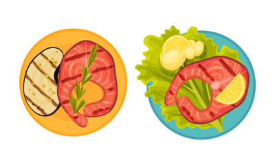 Grilled food set. Salmon fish served on plate with vegetables. Top view of delicious dishes for barbecue party menu vector illustration