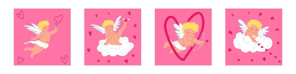 A set of cute Cupids for greeting cards. Elements and Character for Valentine's Day greetings. Vector illustration.