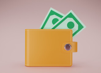 Yellow leather wallet with dollars Banknote. 3d render with yellow purse and cash on pink backgroung. 3D rendering style. Business and money-saving, cashless society concept.