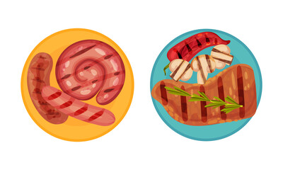 Grilled food set. Meat steak and sausages served on plates with vegetables. Top view of delicious dishes for barbecue party menu vector illustration