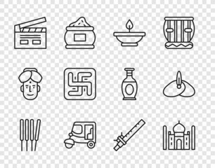 Set line Aroma sticks, incense, Taj Mahal, lamp, Taxi tuk tuk, Bollywood indian cinema, Hindu swastika, Bamboo flute and Indian headgear turban icon. Vector