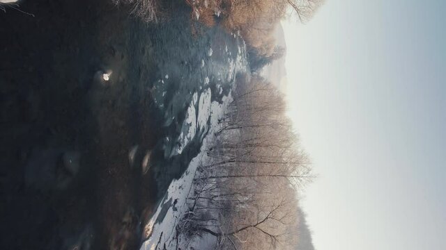 mountain river flows near the mountains covered with ice and snow. pure water is the source of life. cold winter. beautiful nature. 