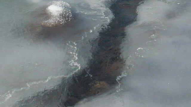 mountain river flows near the mountains covered with ice and snow. pure water is the source of life. cold winter. beautiful nature. 