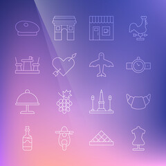 Set line Mannequin, Croissant, Wrist watch, Coffee shop, Amour with heart and arrow, French cafe, beret and Plane icon. Vector