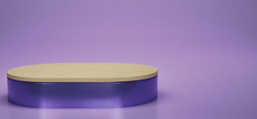 Shiny purple with wood oval pedestal or podium in studio backdrops. Purple melallic oval. Blank display or clean room for showing product. Copy space. Minimalist mockup for showcase. 3D rendering.