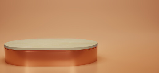 Shiny purple with wood oval pedestal or podium in studio backdrops. Purple melallic oval. Blank display or clean room for showing product. Copy space. Minimalist mockup for showcase. 3D rendering.