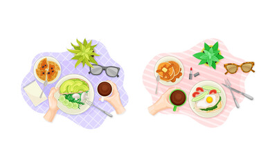 View from above of hands and breakfast dishes set. Sandwich, waffle, pancakes and fried eggs served on plates vector illustration