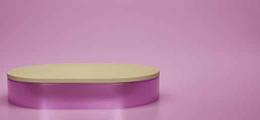 Shiny purple with wood oval pedestal or podium in studio backdrops. Purple melallic oval. Blank display or clean room for showing product. Copy space. Minimalist mockup for showcase. 3D rendering.