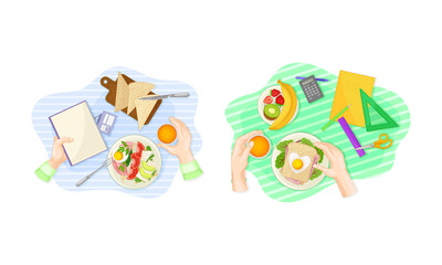 Naklejka premium View from above of hands and breakfast dishes set vector illustration