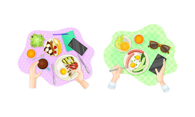 View from above of hands and healthy breakfast dishes served on plates set vector illustration