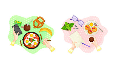 View from above of hands and delicious breakfast dishes set vector illustration