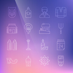 Set line Ukrainian cossack, Independence day of Ukraine, Garden pitchfork, Dumplings on, house, trident and icon. Vector