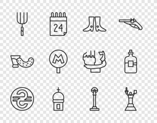 Set line Ukrainian hryvnia, Mother Motherland monument, footwear, Church tower, Garden pitchfork, Metro Underground, Monument of Independence and Bottle vodka icon. Vector