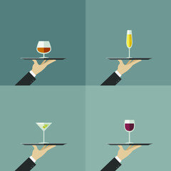 Waiter brings a glass of wine, champagne, whiskey. Flat illustration of trays with glasses and waiter hand