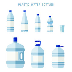 Plastic water bottles flat icons. Plastic containers for clean drinking water