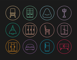Set line Chest of drawers, Wardrobe, Pouf, Chandelier, Chair, and icon. Vector