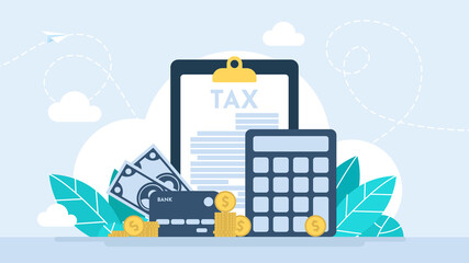 Tax. Document of payment. Check, contract. Budget planning calculator, bill payment abstract metaphor, tax credit, bank account. Flat illustration. Abstract business concept vector illustration set.