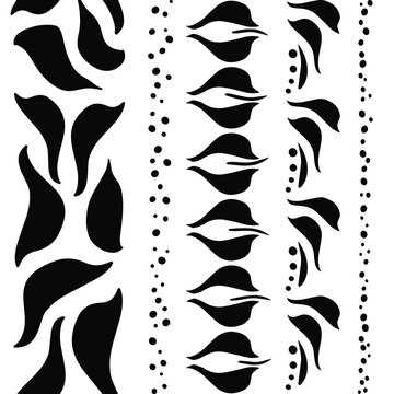 Seamless Silhouette Borders.Black outlines Floral ornaments. Black and white, isolated graphic seamless ornaments of various shapes.Abstract stylish illustration for digital creativity, needlework and