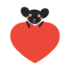 Cute funny lemur indri holding a big heart, isolated on white. Hand drawn vector illustration. Scandinavian style flat design. Concept for kids Valentines day card, holiday print, invite, gift tag.