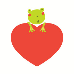 Cute funny frog holding a big heart, isolated on white. Hand drawn vector illustration. Scandinavian style flat design. Concept for kids Valentines day card, holiday print, invite, gift tag, poster.