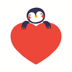 Cute funny penguin holding a big heart, isolated on white. Hand drawn vector illustration. Scandinavian style flat design. Concept for kids Valentines day card, holiday print, invite, gift tag, poster