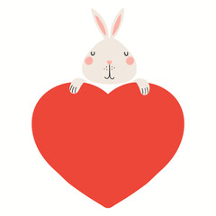 Cute funny rabbit holding a big heart, isolated on white. Hand drawn vector illustration. Scandinavian style flat design. Concept for kids Valentines day card, holiday print, invite, gift tag, poster.