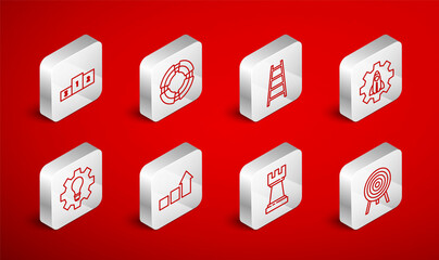 Set line Target, Business lifebuoy, Stair with finish flag, Startup project concept, Chess, podium, Financial growth and Light bulb and gear icon. Vector