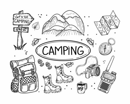 A set of hand-drawn doodle-style elements. Local tourism. Mountains, backpack, camera, map, radio, shoes, etc. Hand-drawn lettering. Vector image of camping or hiking items on white background.