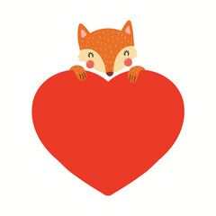 Cute funny fox holding a big heart, isolated on white. Hand drawn vector illustration. Scandinavian style flat design. Concept for kids Valentines day card, holiday print, invite, gift tag, poster.