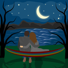 Sweet couple in love from the back by the lake or river in a hammock in the moonlight. Vector graphic for Valentine's Day