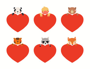 Collection of cute animals holding big hearts, isolated on white. Hand drawn vector illustration. Scandinavian style flat design. Concept for kids Valentines day card, holiday print, invite, gift tag.