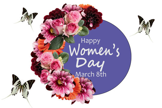 Happy March 8th International Women's Day Background. Collage of photos of flowers and butterflies flat lay greeting card template. 