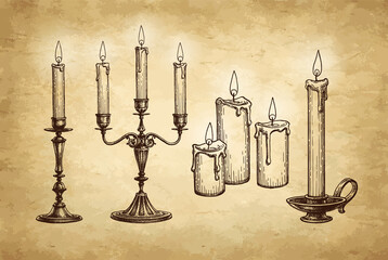 Burning candles ink sketch set. - 480947616