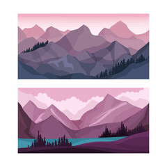 Set of mountain landscape with lake under purple morning sky vector illustration