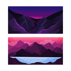 Set of purple mountain landscape at sunrise and sunset vector illustration