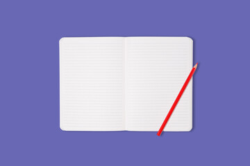 School or office notebook with red pencil isolated on purple background. Top view. Mock up