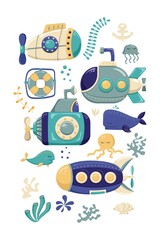 Submarines and marine inhabitants. Coloring. Designed for printing, fabrics, textiles, postcards. Marine print. Submarine. Vector illustration - obrazy, fototapety, plakaty