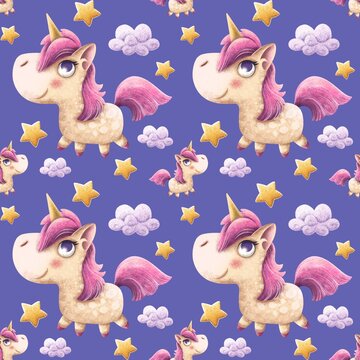Seamless pattern with unicorns, clouds, stars on very pery bacground. 