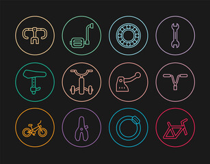 Set line Bicycle frame, handlebar, ball bearing, for kids, seat, brake and pedal icon. Vector