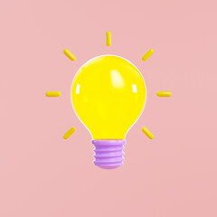 3D Light bulb icon, yellow lamp bulb turns on symbol. 3d render illustration