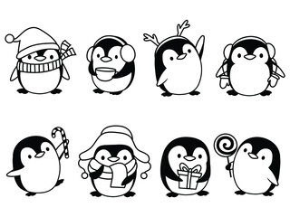 
Set of baby cute penguins. Collection of Christmas penguin in a hat and scarf. Antarctic animals. Picture for the New Year postcard. Vector illustration on a white background.