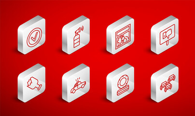 Set line Traffic jam, Air horn, Broken window, Protest, Lying burning tires, Check mark round, Police car and flasher and bottle weapon icon. Vector
