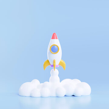 3D Rocket launch on blue background, Spaceship icon, startup business concept. 3d render illustration