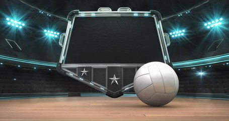 Rolling volleyball ball and steel shield with empty space for advertisement text. Wooden floor and illuminated sport arena with light flashes. Two 4K video parts of loopable sport intro.