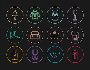 Set line Fitness shaker, Boxing glove, Kettlebell, Sport bag, boxing shoes, Ringing, Apple and measuring tape and Punch gloves icon. Vector